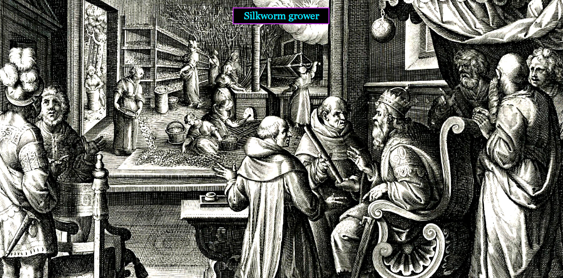 Raising silkworms, 1600